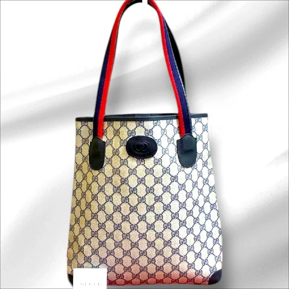 Gucci Vintage Supreme GG Monogram Coated Canvas Tote Bag – Red & Blue Web Straps - Picture 2 of 12